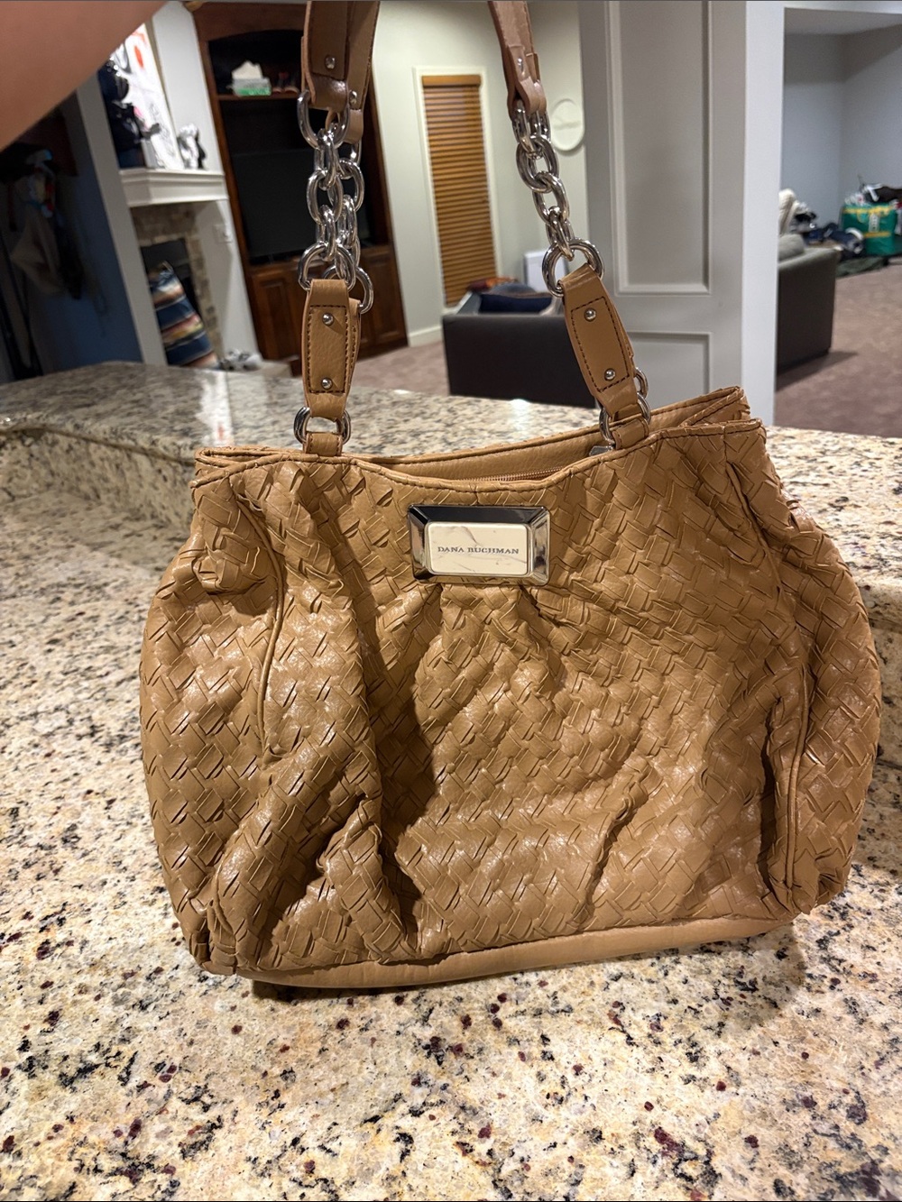 Dana Buchman Tan Woven Shoulder Bag with Chain-Strap Accents
